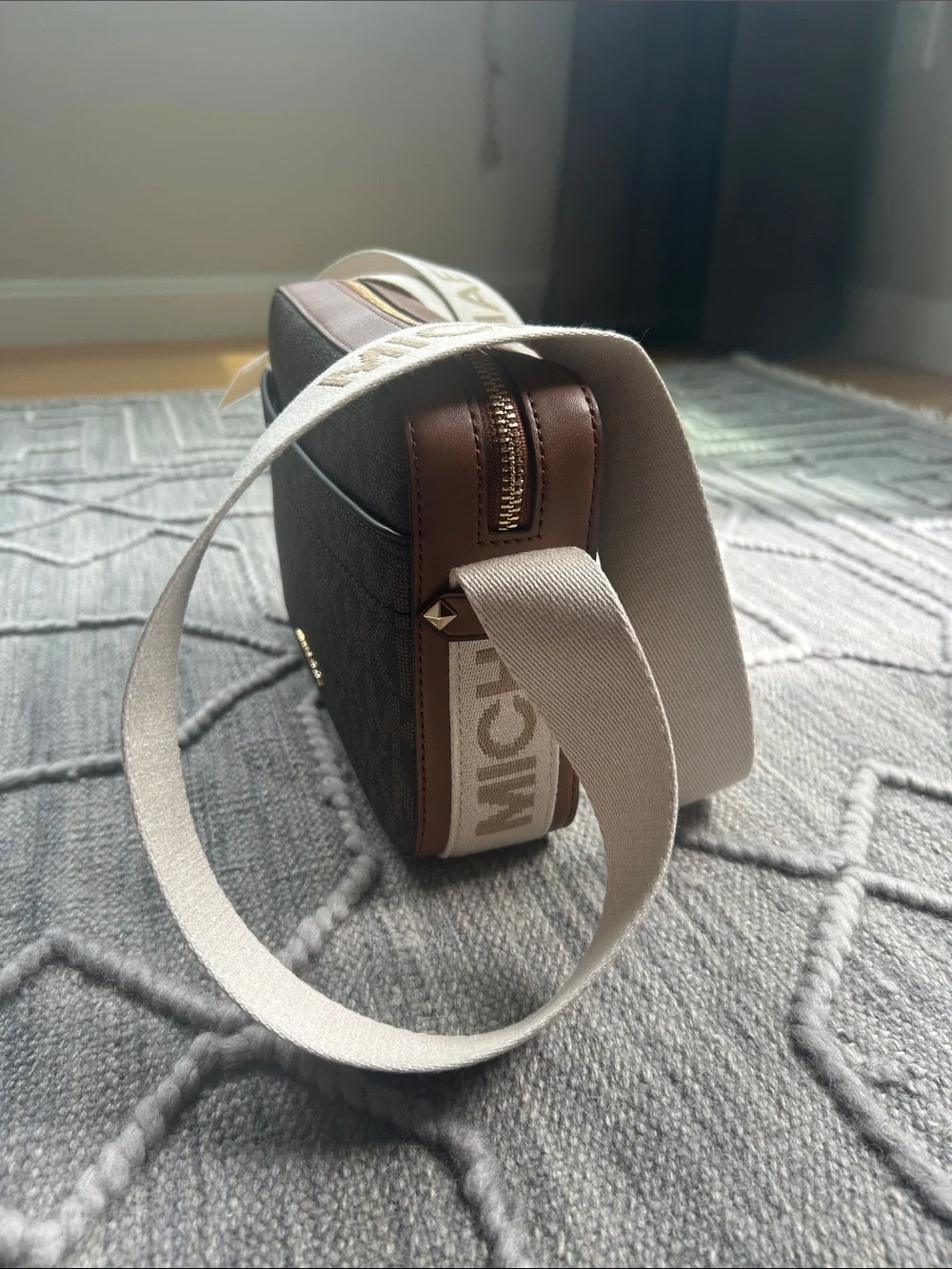 NWT Michael Kors Maeve Brown MK Logo Messenger Bag with Adjustable Cream Strap